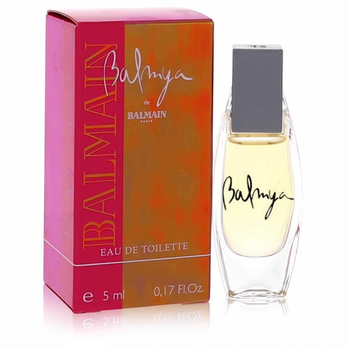 Luxurious Balmya by Pierre Balmain Mini EDT .17 oz. Clear glass bottle with elegant script and grey cap, beside its vibrant pink-orange box.