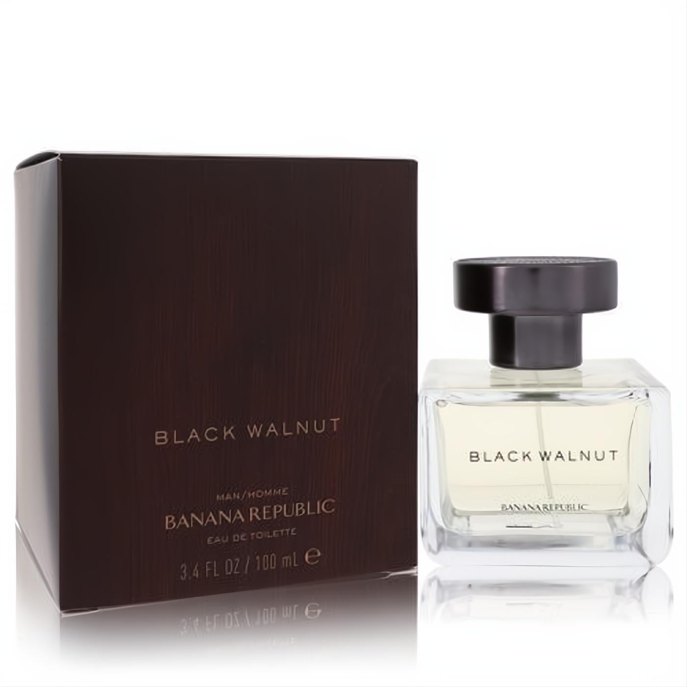 Sophisticated Banana Republic Black Walnut 3.4 oz EDT. Dark wood-grain box and clear square bottle with black cap.
