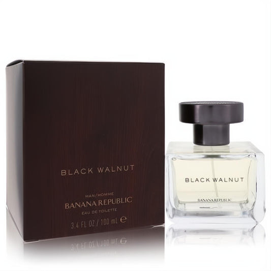 Sophisticated Banana Republic Black Walnut 3.4 oz EDT. Dark wood-grain box and clear square bottle with black cap.