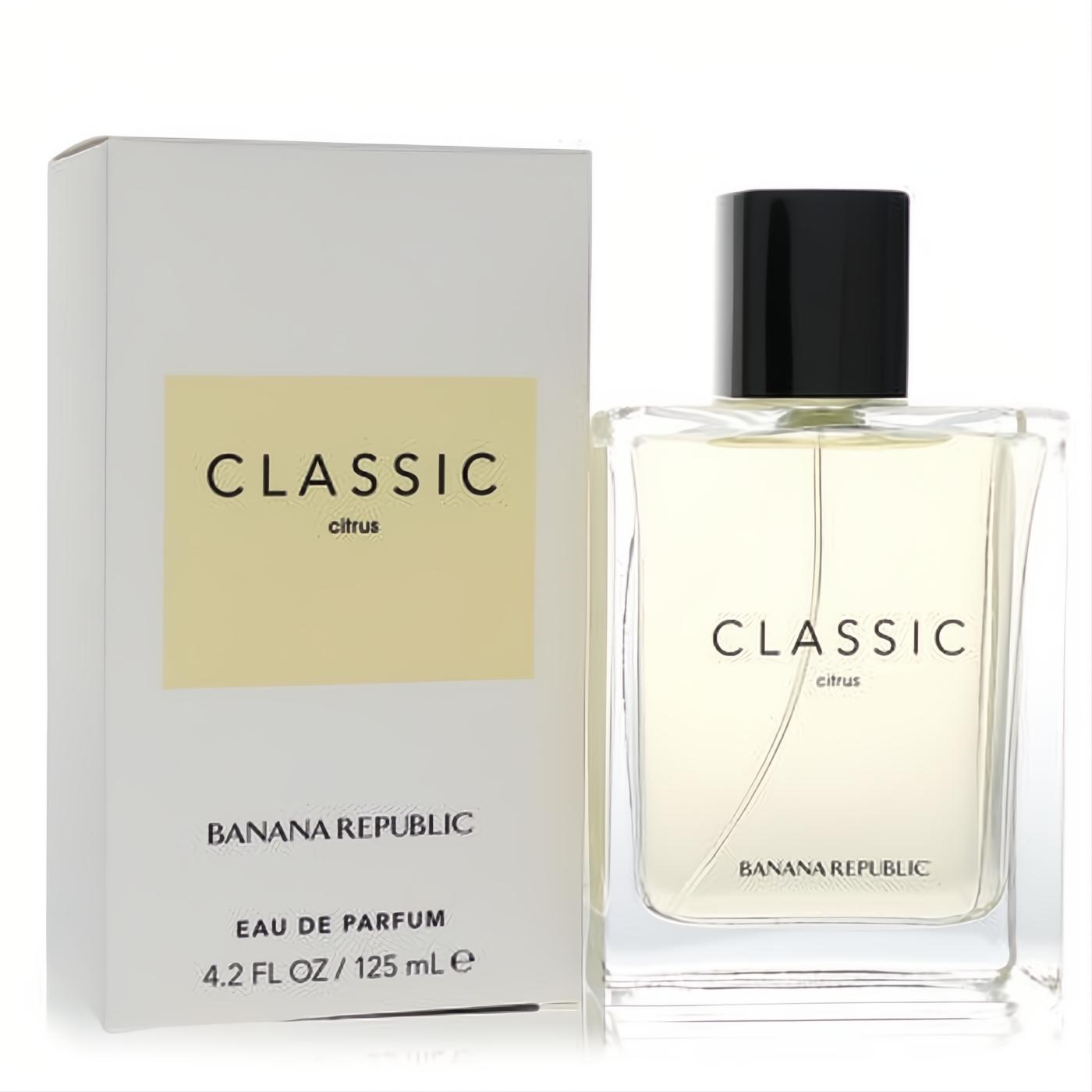 Elegant Banana Republic Classic Citrus 4.2 oz unisex EDP. Clear glass bottle, black cap, and crisp white box with yellow accent.