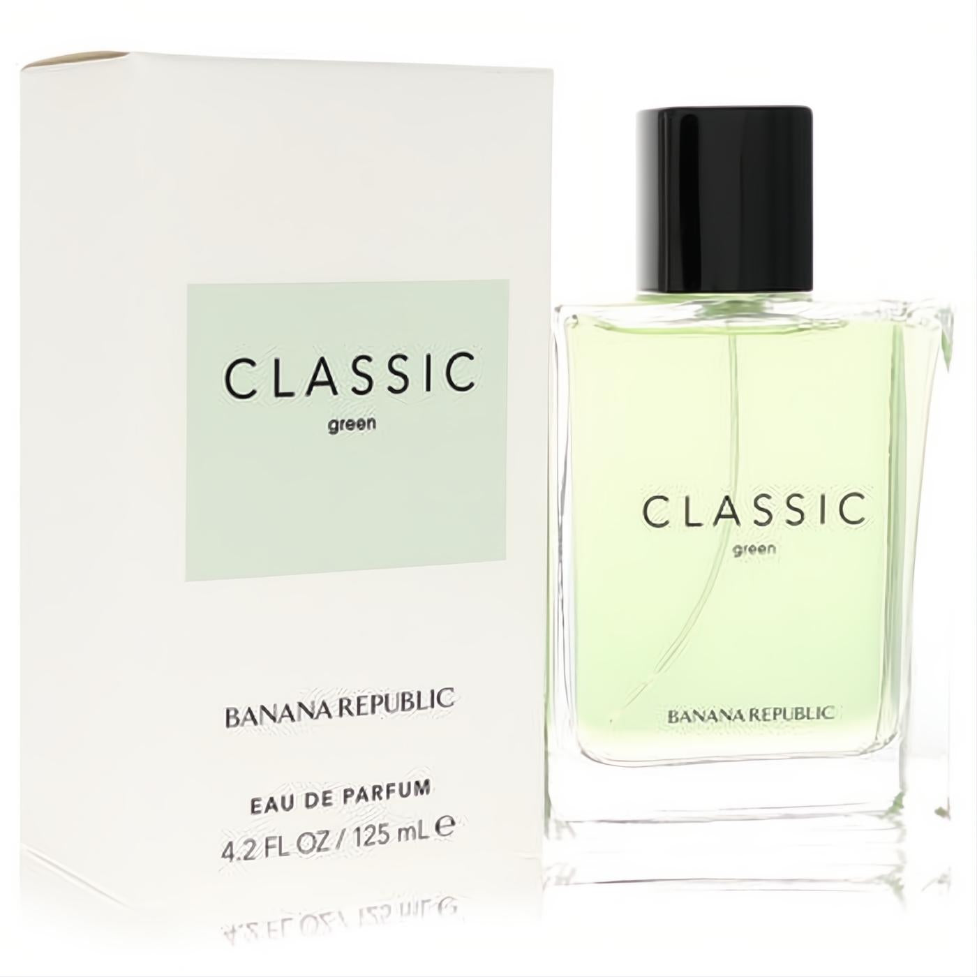 Banana Republic Classic Green 4.2 oz unisex Eau De Parfum. Clear bottle with fresh green liquid, elegant black cap, and crisp white box.