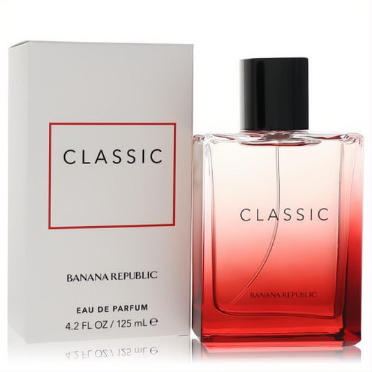 Banana Republic Classic Red 4.2 oz unisex eau de parfum. Modern glass bottle with a striking red gradient, beside its crisp white box.