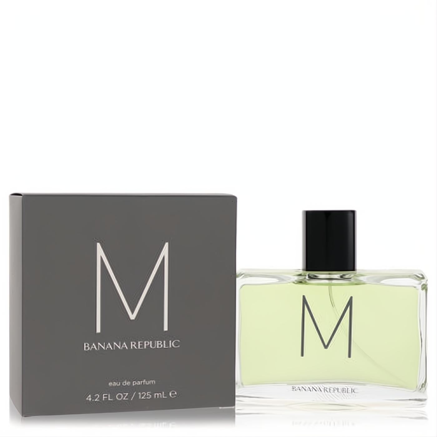 Experience Banana Republic M Eau de Parfum 4.2 oz. Modern clear bottle with refreshing light green liquid and sophisticated charcoal box.
