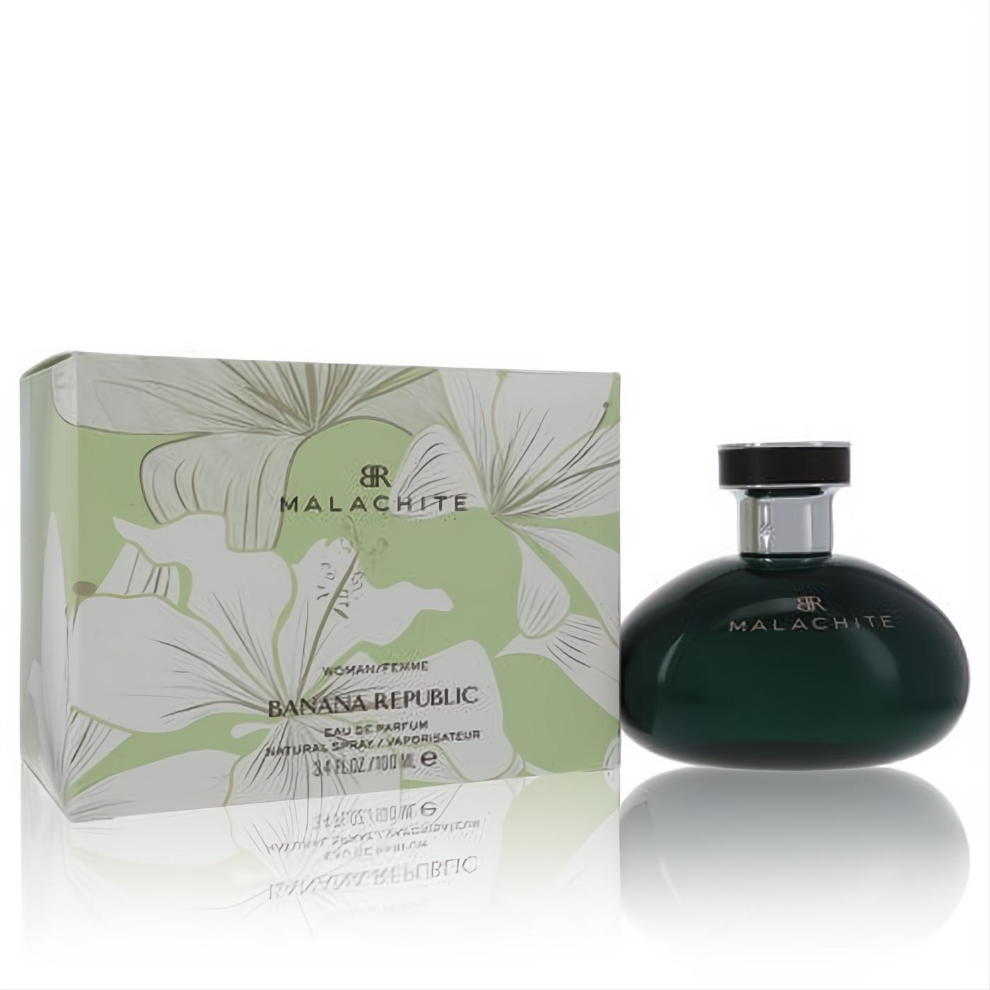Banana Republic Malachite 3.4 oz EDP. Elegant dark green pebble-shaped bottle and a vibrant floral special edition box.