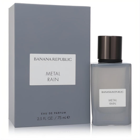 Sleek Banana Republic Metal Rain 2.5 oz EDP. Frosted gray bottle with dark cap and minimalist gray packaging.