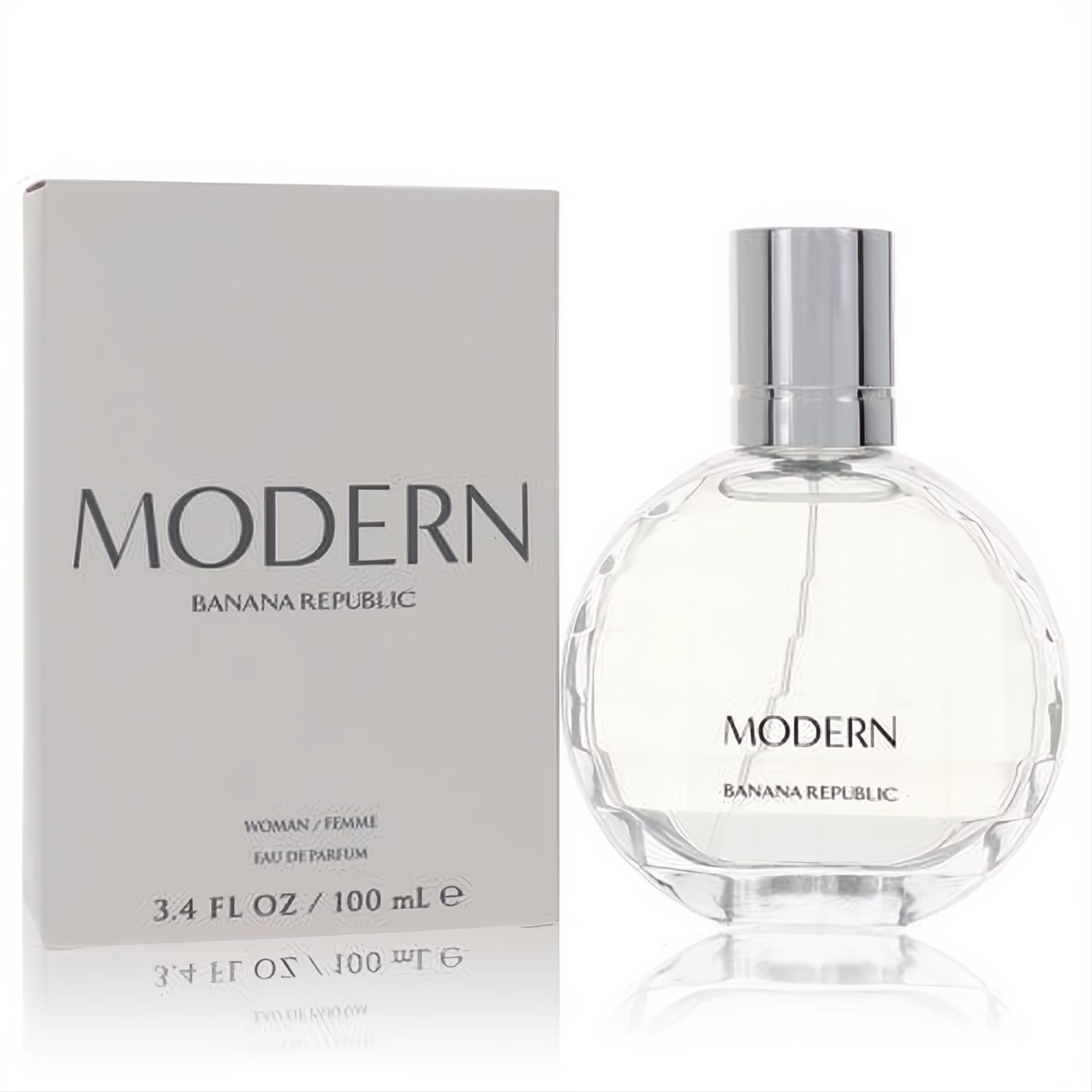Discover Banana Republic Modern 3.4 oz EDP for women. Clear faceted glass bottle with sleek silver cap and elegant grey box.
