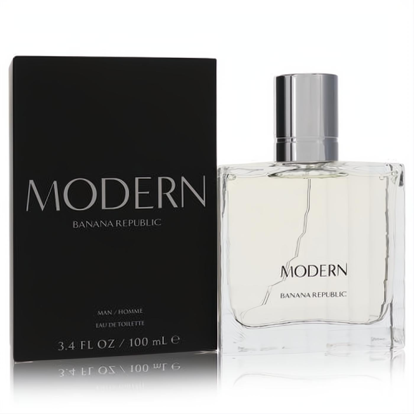 Banana Republic Modern men's EDT, a sleek 3.4 oz clear glass bottle with silver cap and elegant black box.