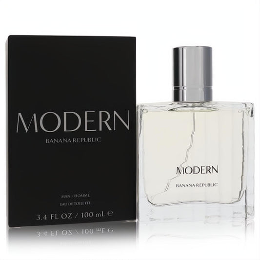 Banana Republic Modern men's EDT, a sleek 3.4 oz clear glass bottle with silver cap and elegant black box.
