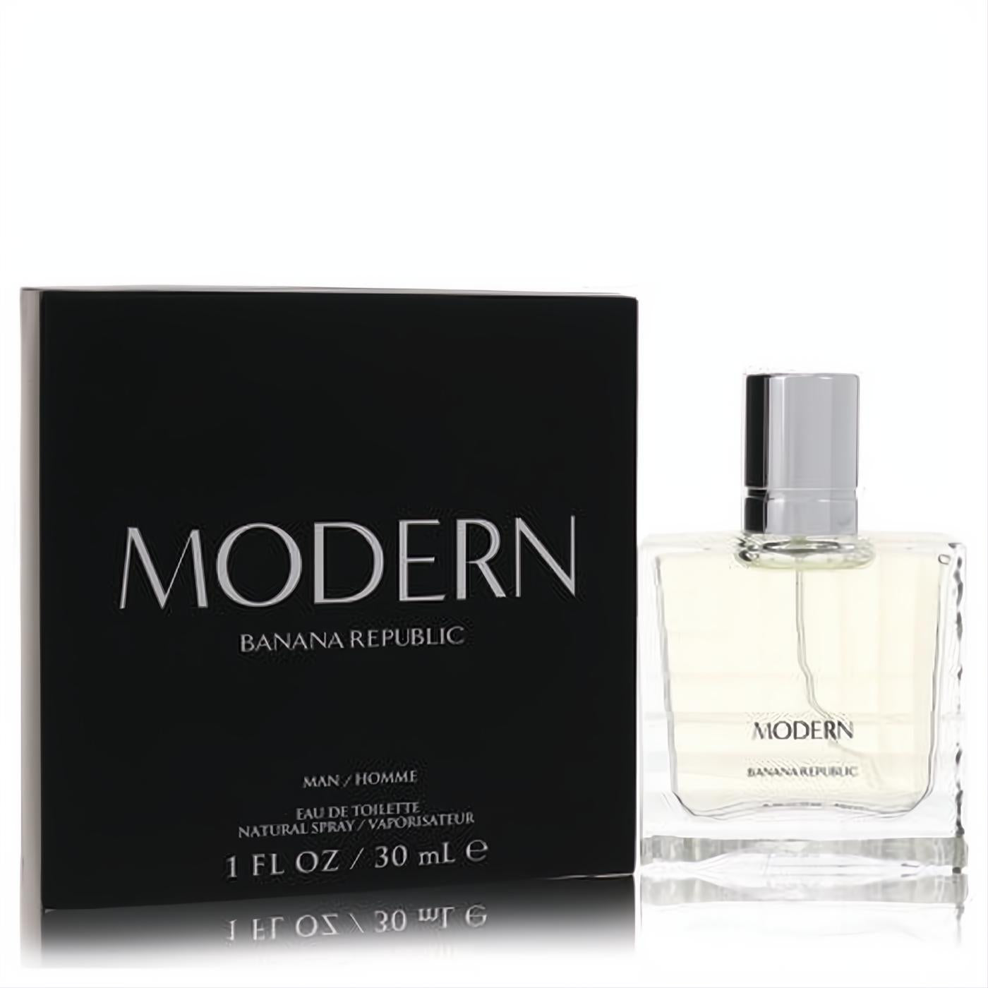 Modern by Banana Republic 1 oz men's EDT. Sleek clear glass bottle with silver cap and striking black box.