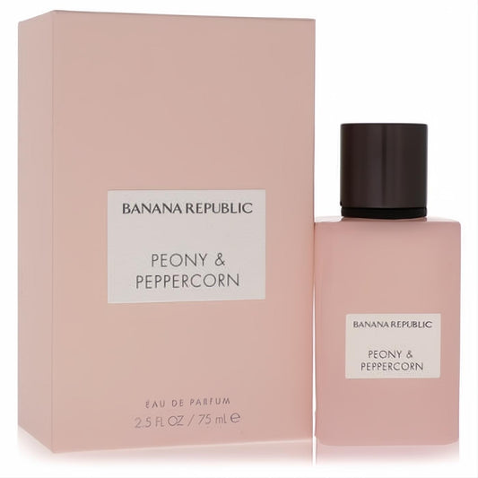 Sophisticated Banana Republic Peony & Peppercorn 2.5 oz EDP. Pink glass bottle, dark cap, and elegant matching box.