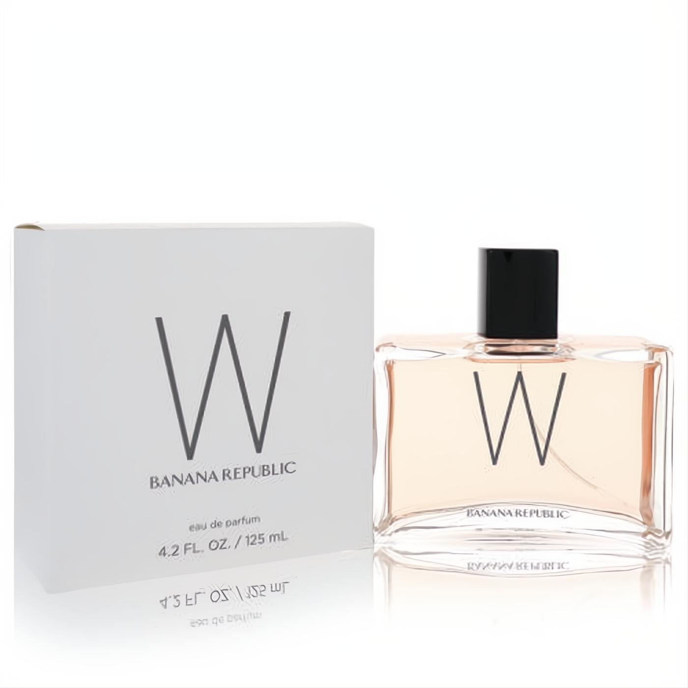 Sophisticated Banana Republic W Eau De Parfum 4.2 oz spray, sleek clear glass bottle with soft peach fragrance and elegant white box.