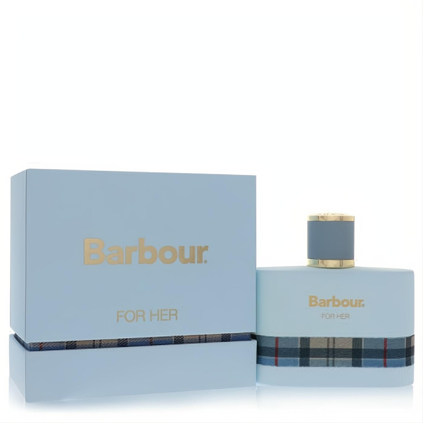 Luxurious Barbour Coastal For Her 3.4 oz Eau De Parfum. Frosted blue bottle, gold cap, and signature tartan band. Sophisticated women's fragrance.