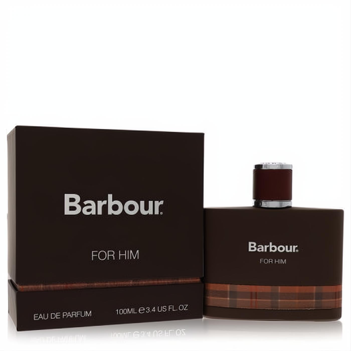 Barbour Origins For Him 3.4 oz Eau De Parfum. Elegant dark brown bottle with iconic plaid band and silver cap.