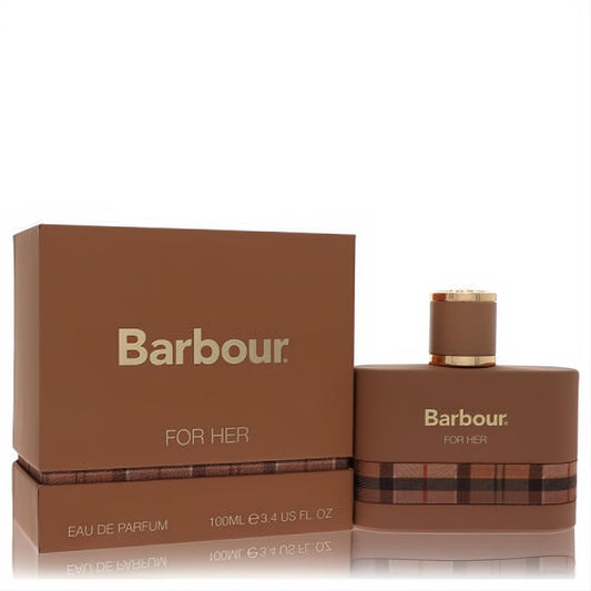 Barbour Origins Eau De Parfum 3.4 oz for her. Elegant matte brown bottle, iconic plaid band, and gold cap.