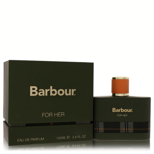 Barbour For Her Eau De Parfum 3.4 oz spray. Chic dark green bottle with signature tartan band and elegant gold cap.
