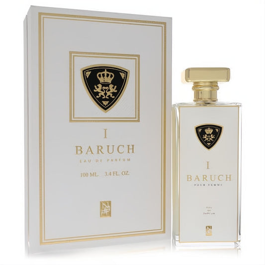Elegant Baruch I women's Eau De Parfum, 3.4 oz. White glass bottle with gold cap and black/gold crest, displayed with its matching box.