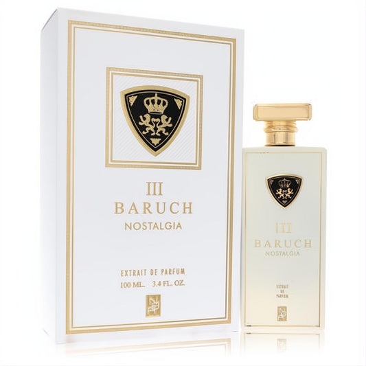 Luxurious Baruch III Nostalgia Extrait De Parfum 3.4 oz spray. White bottle, gold cap, and elegant matching box with black and gold crest.