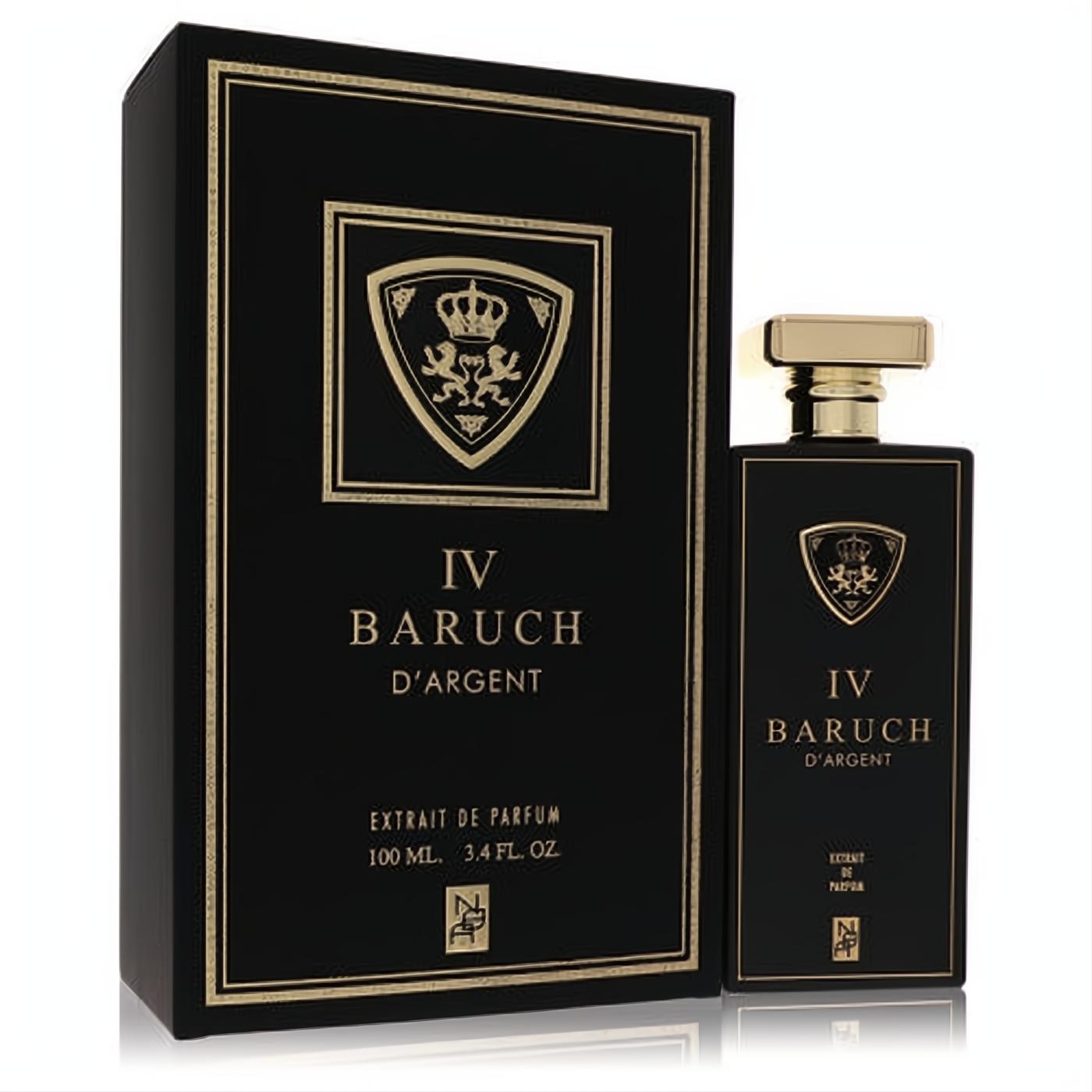 Experience Baruch IV Extrait De Parfum 3.4 oz. Sleek black bottle, gold cap, and matching box with a regal crest.