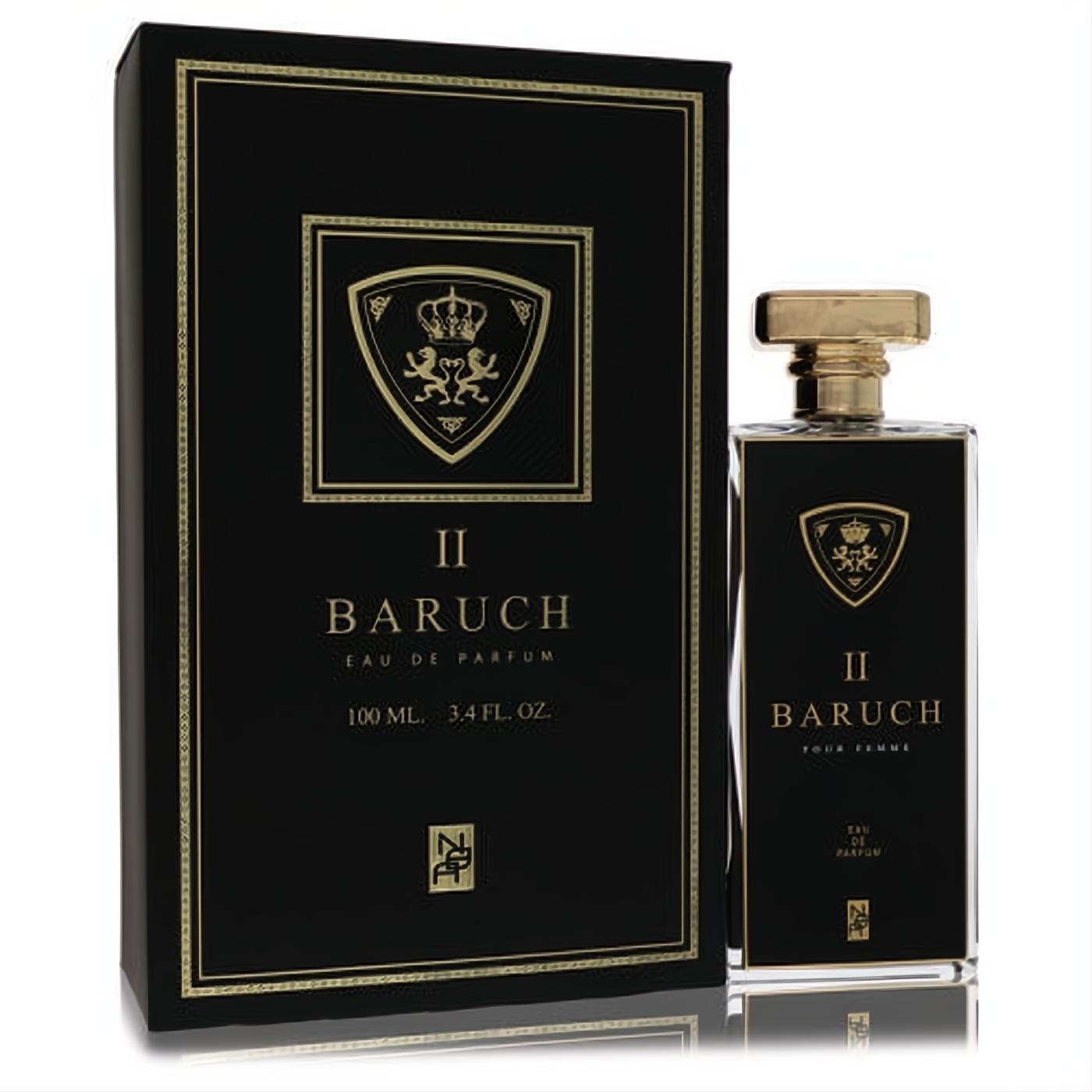 Luxurious Baruch II Eau De Parfum 3.4 oz for women, featuring a sleek black bottle with gold crest and matching elegant box.