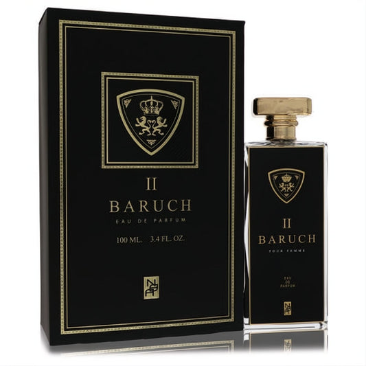 Luxurious Baruch II Eau De Parfum 3.4 oz for women, featuring a sleek black bottle with gold crest and matching elegant box.
