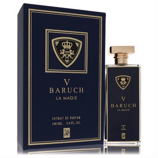 Discover Baruch V Extrait De Parfum: a sleek 3.4 oz navy bottle and matching box with elegant gold crest and lettering.