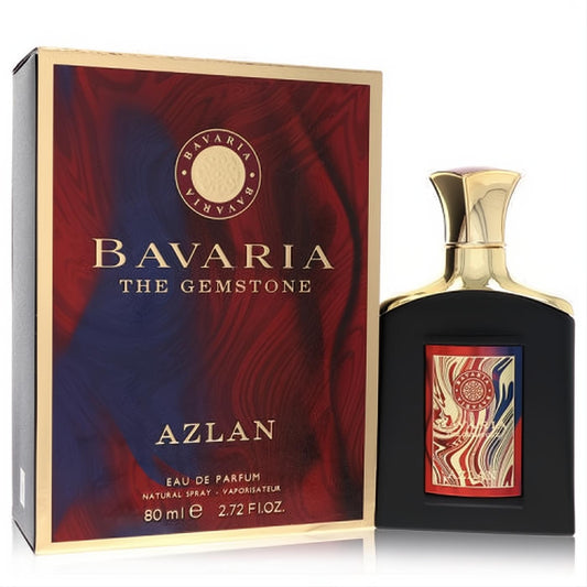 Sophisticated Bavaria The Gemstone Azlan 2.7 oz unisex EDP. Matte black bottle, gold cap, rich red & blue gemstone-inspired swirling label.