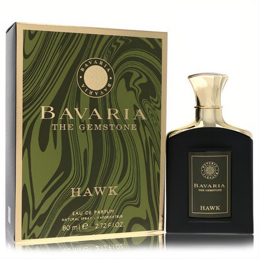Bavaria The Gemstone Hawk unisex Eau De Parfum, 2.7 oz. Elegant black bottle, gold cap, and striking green/gold patterned box.