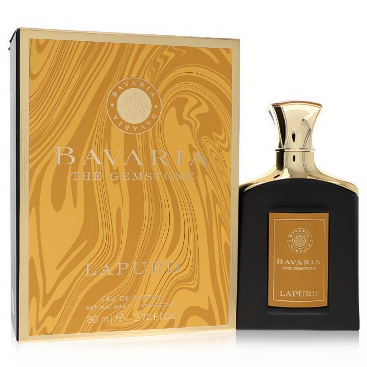 Luxurious Bavaria The Gemstone Lapurd unisex Eau De Parfum, 2.7 oz. Sleek black bottle with elegant gold cap and label, next to a matching gold patterned box.