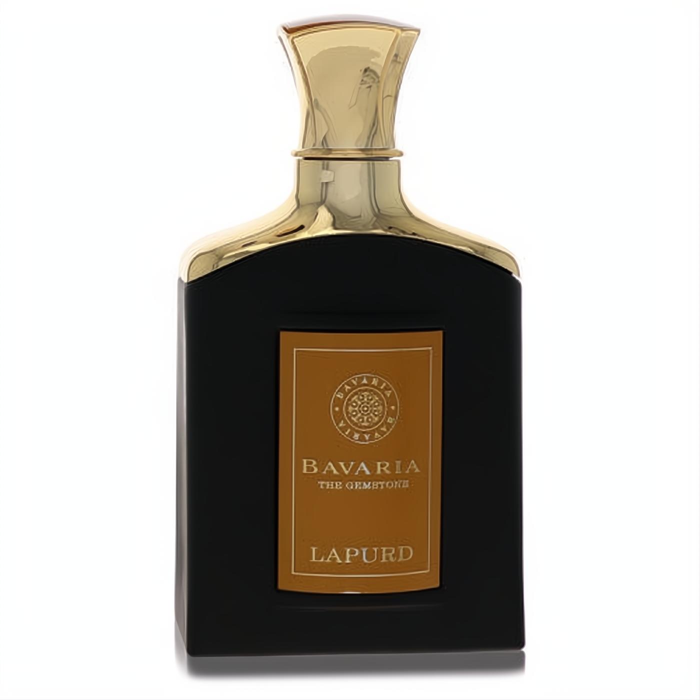 Luxurious Bavaria The Gemstone Lapurd 2.7 oz EDP. Sleek black bottle, radiant gold cap, and amber label.**