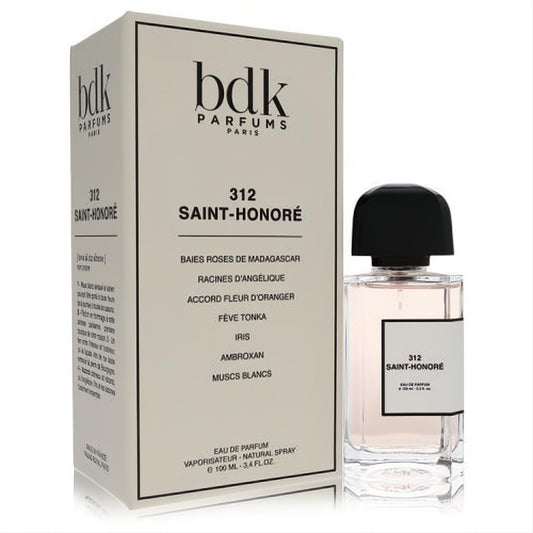 Elevate your scent with Bdk 312 Saint-Honoré unisex Eau De Parfum, 3.4 oz. Clear glass bottle, black cap, and elegant beige branded box.
