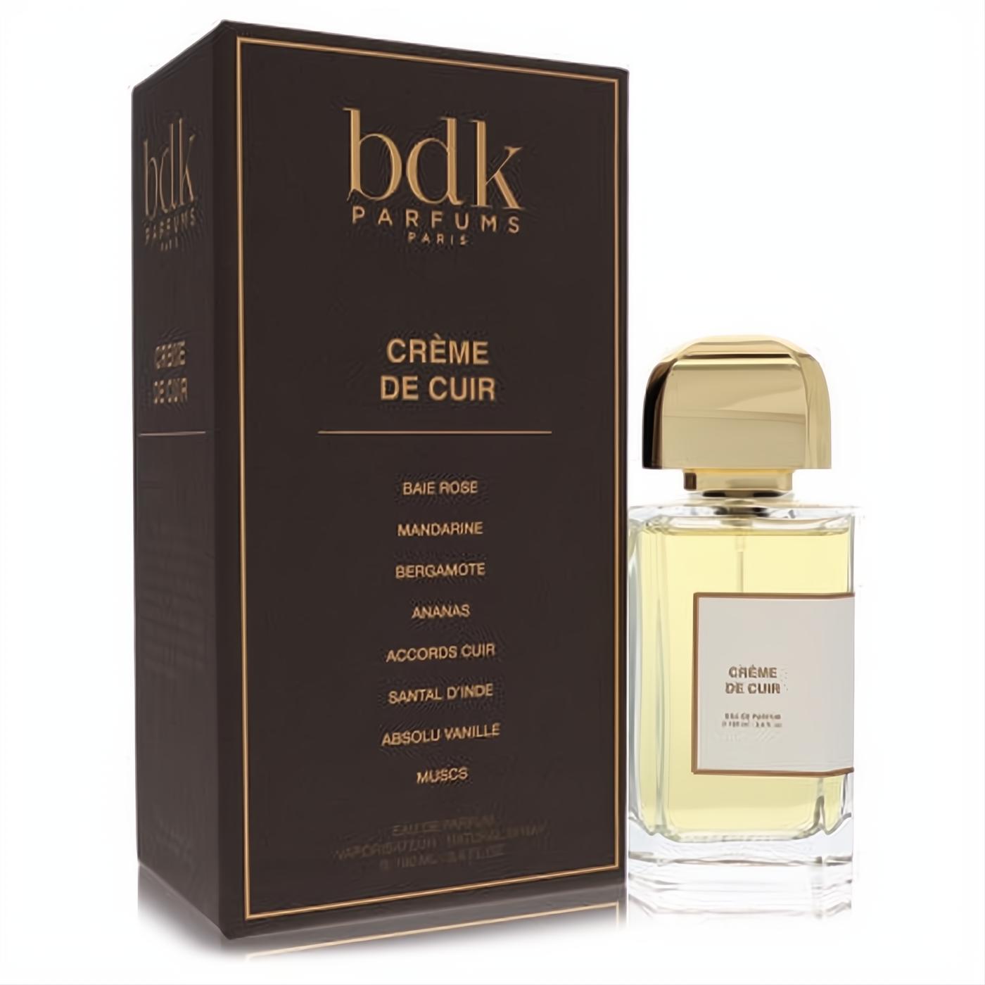 Luxurious Bdk Crème De Cuir 3.4 oz unisex Eau De Parfum. Clear bottle with elegant gold cap and sophisticated dark brown box.
