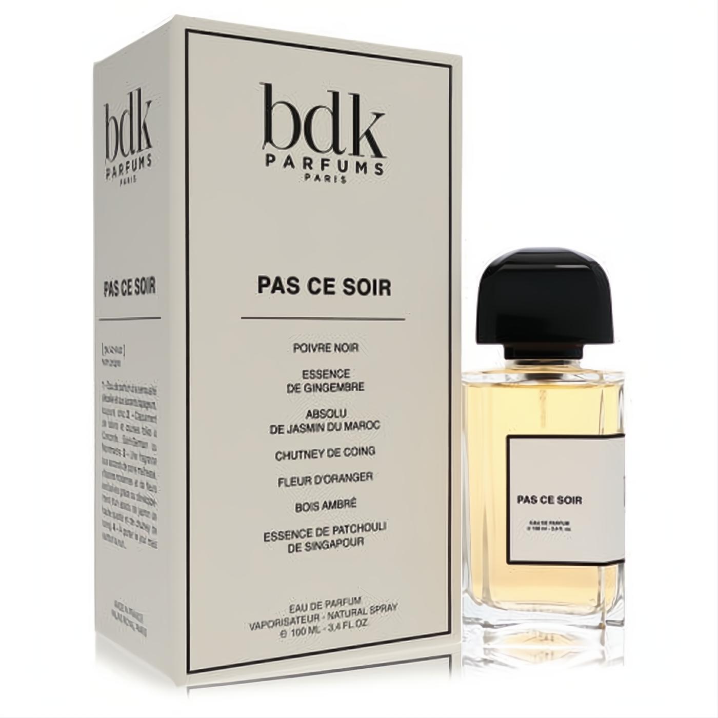 Elevate your scent with Bdk Pas Ce Soir unisex Eau De Parfum, 3.4 oz. Clear bottle, amber liquid, black cap, and elegant beige box.