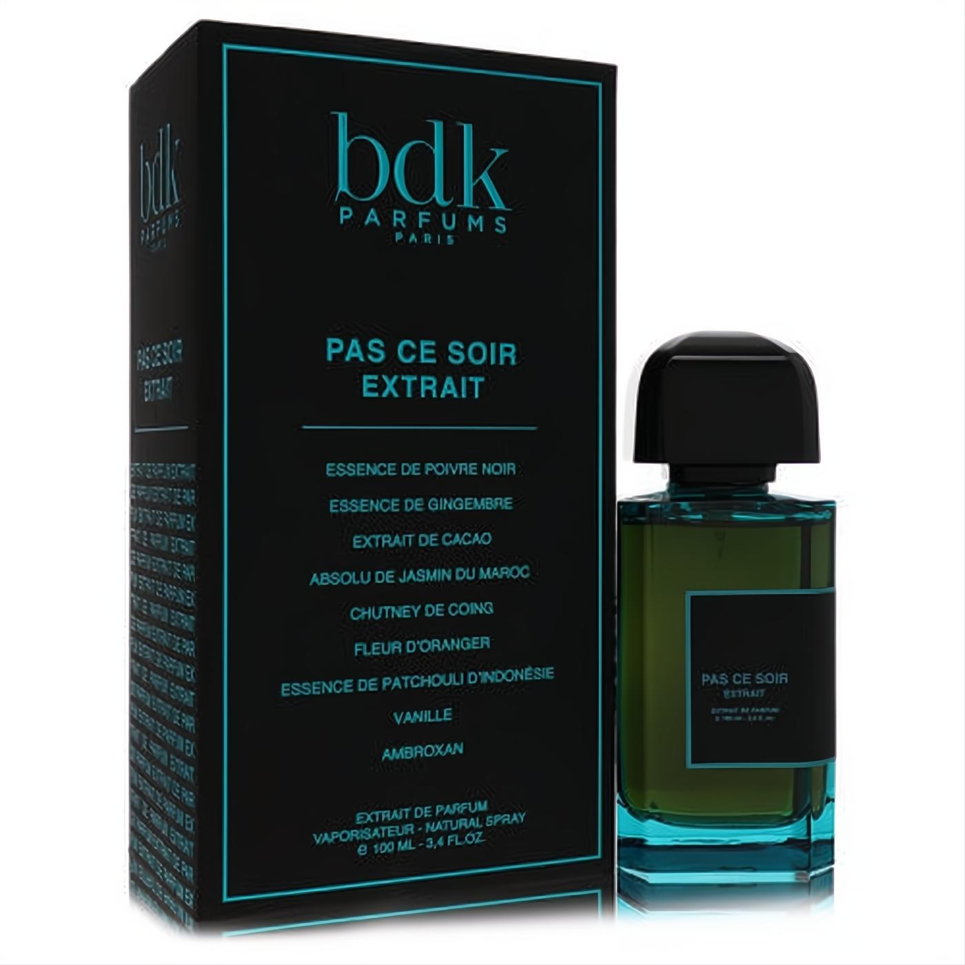 Luxurious Bdk Pas Ce Soir Extrait De Parfum 3.4 oz unisex fragrance in a sleek dark green bottle and elegant black box with teal accents.