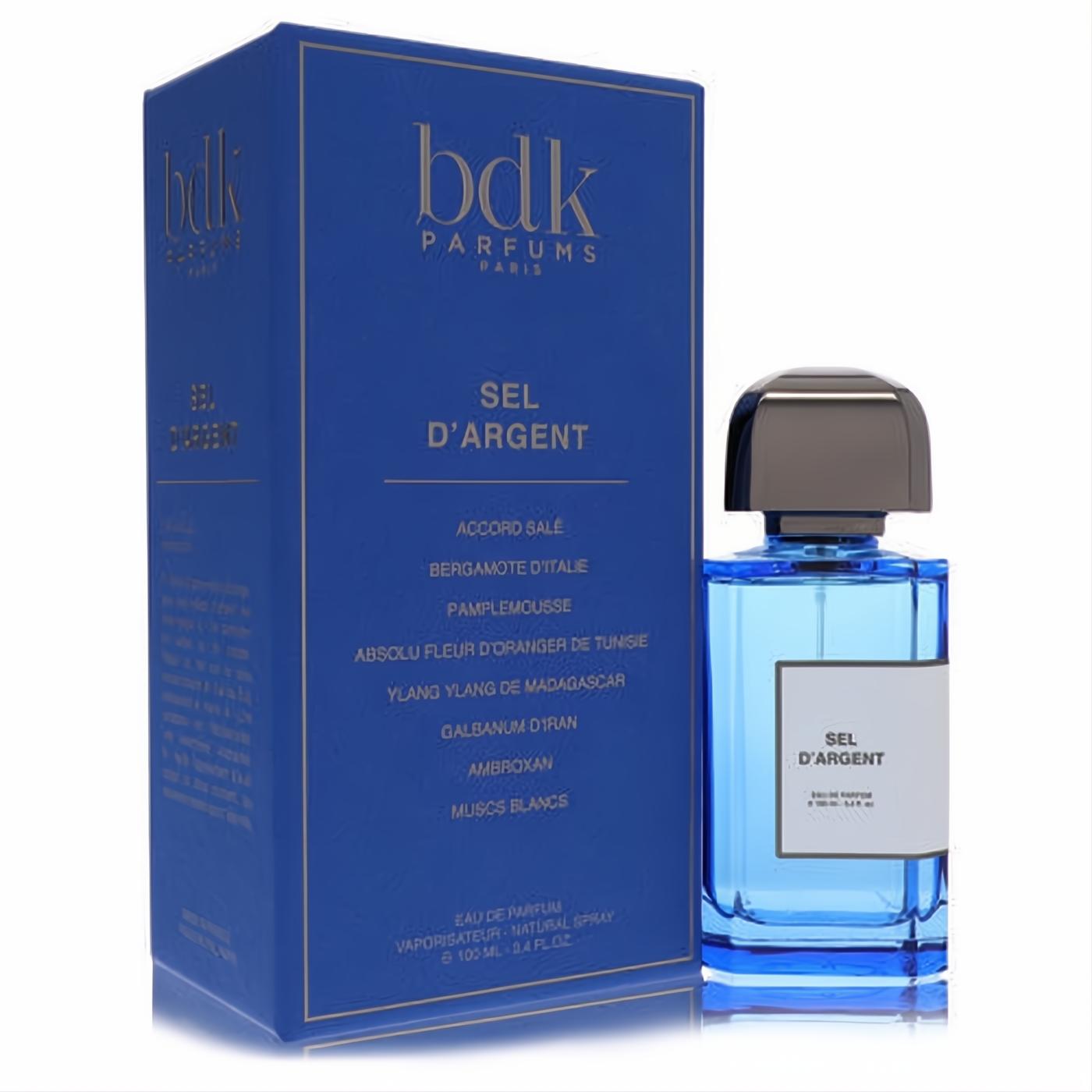Bdk Sel D'argent 3.4 oz unisex Eau De Parfum. Captivating blue glass bottle with sleek dark cap, beside its elegant deep blue box.