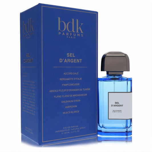 Bdk Sel D'argent 3.4 oz unisex Eau De Parfum. Captivating blue glass bottle with sleek dark cap, beside its elegant deep blue box.