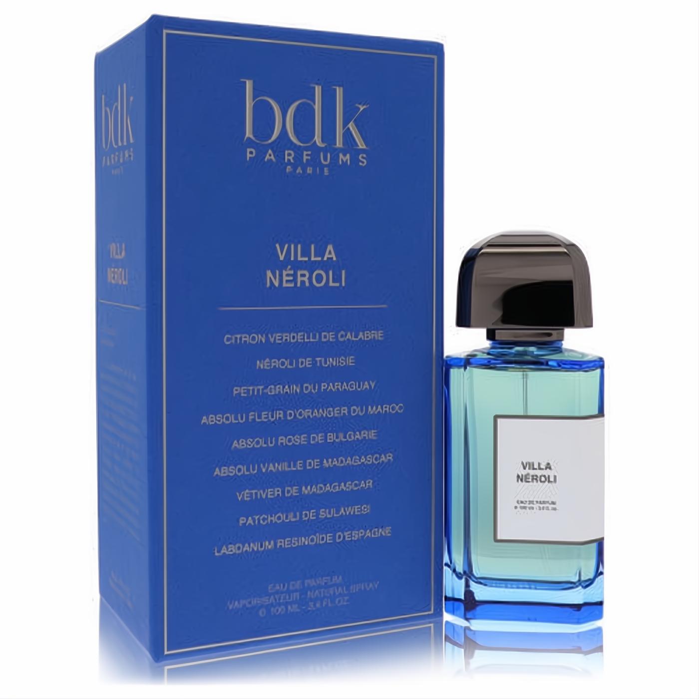Bdk Villa Neroli unisex fragrance, 3.4 oz, in a sleek blue glass bottle with black cap, beside its striking royal blue box.