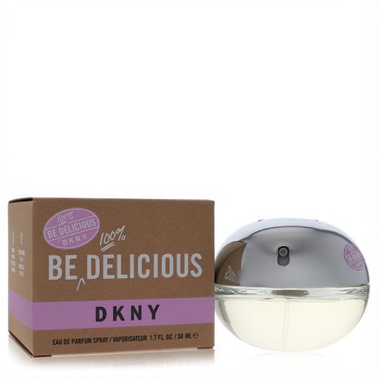 DKNY Be 100% Delicious 1.7 oz Eau De Parfum. Elegant round silver and clear bottle with its chic brown and purple box.