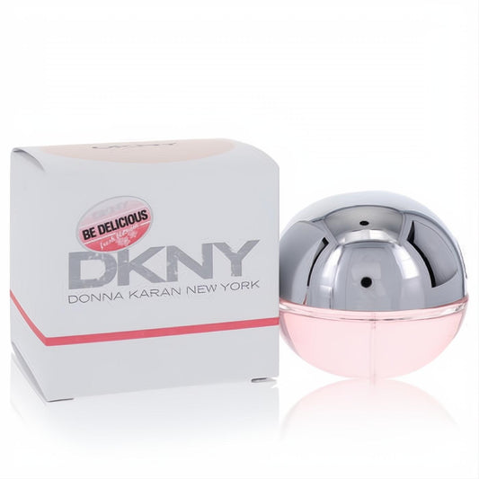 Donna Karan Be Delicious Fresh Blossom 1 oz women's EDP. Features a modern pink and chrome spherical bottle and white box.