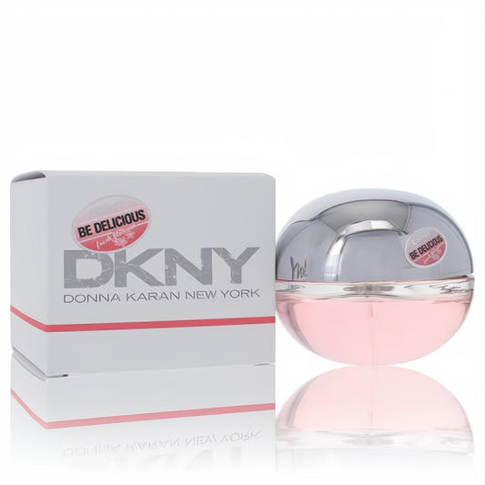 Experience Donna Karan Be Delicious Fresh Blossom 1.7 oz EDP. Iconic pink apple bottle with silver cap, displayed with its elegant white box.