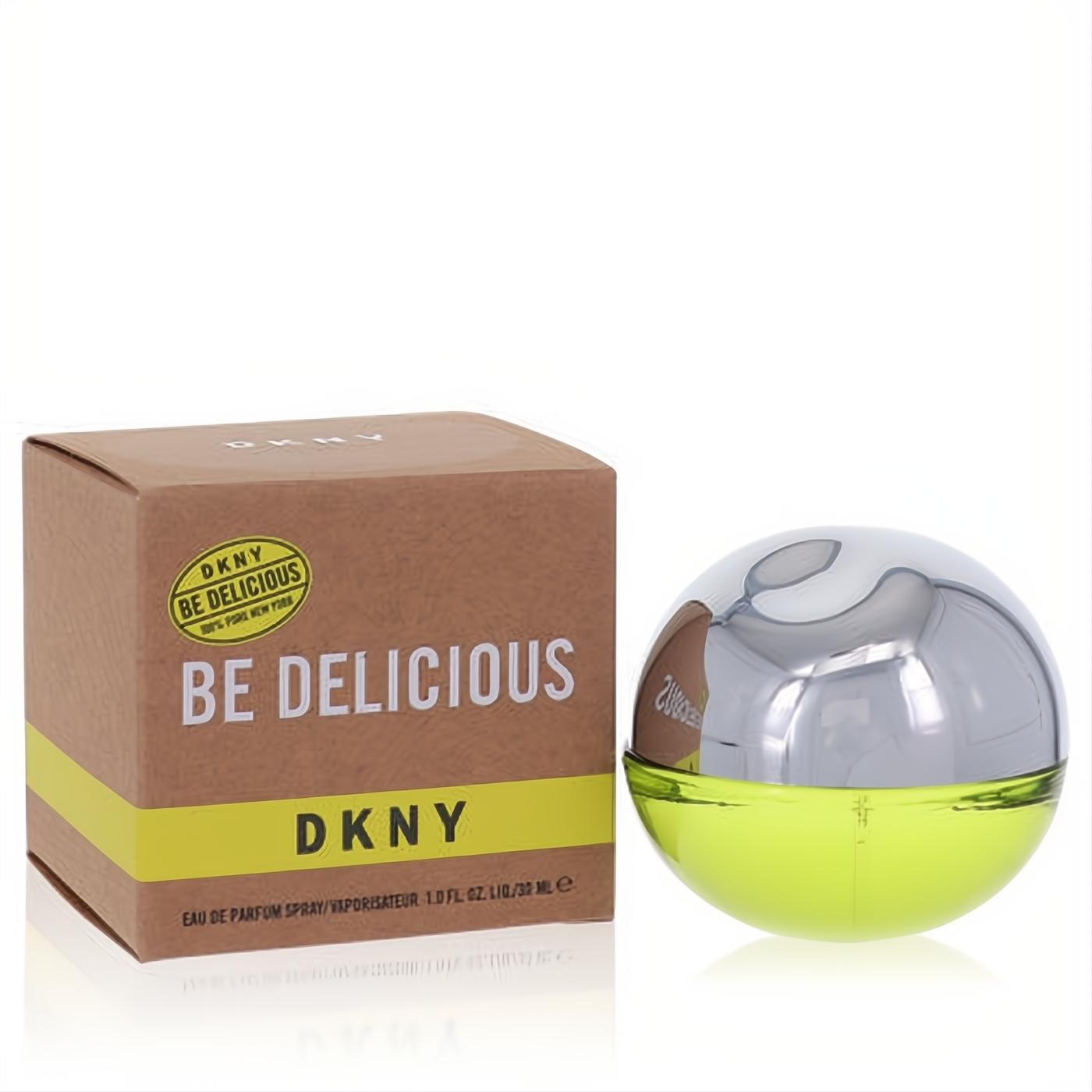 Experience the iconic Be Delicious 1 oz EDP: a vibrant lime green and silver apple-shaped bottle, presented with its chic box.
