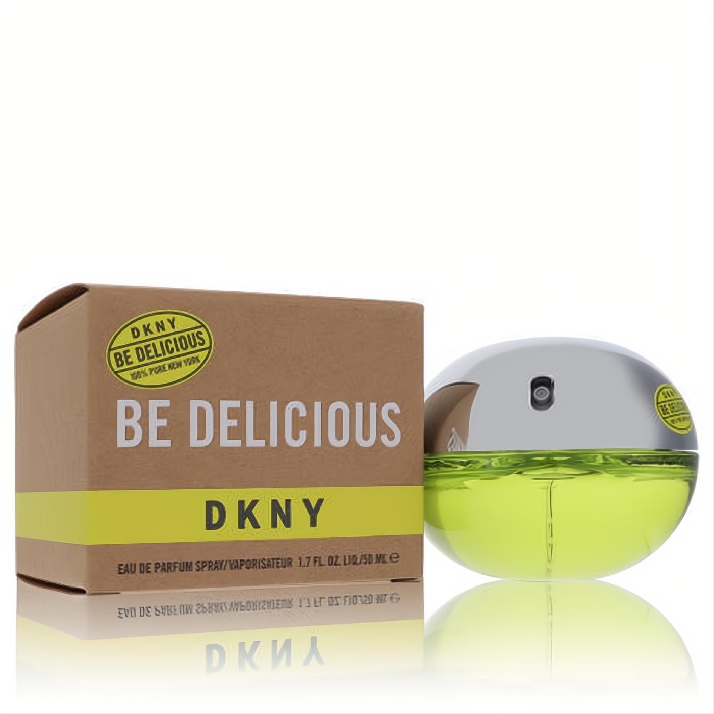 Iconic DKNY Be Delicious 1.7 oz Eau De Parfum spray in a vibrant green apple bottle with a sleek silver cap, displayed with its stylish brown box.