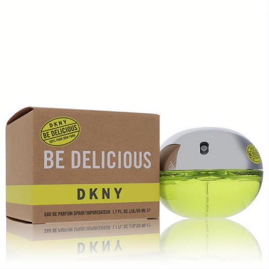 Iconic DKNY Be Delicious 1.7 oz Eau De Parfum spray in a vibrant green apple bottle with a sleek silver cap, displayed with its stylish brown box.