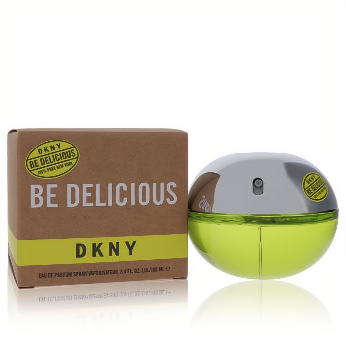 Experience DKNY Be Delicious 3.4 oz EDP. Iconic vibrant green spherical bottle with sleek silver cap and branded brown box.