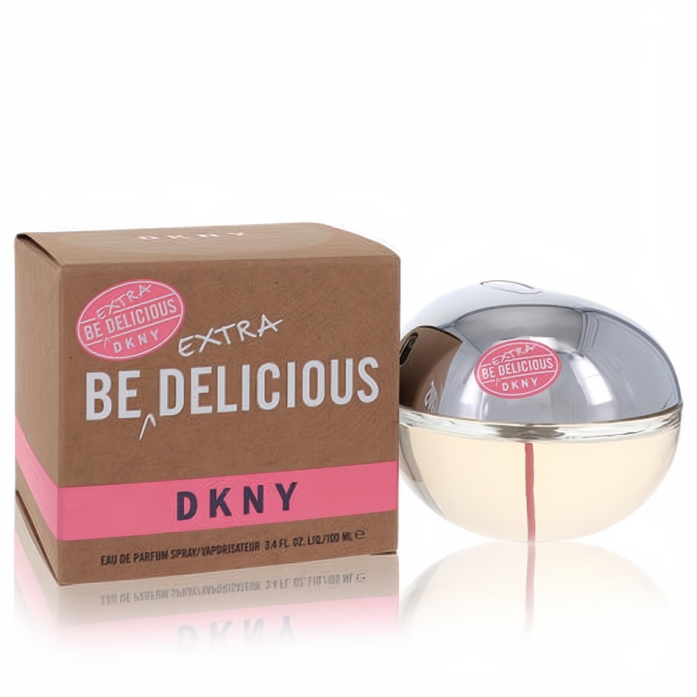 Donna Karan Be Extra Delicious 3.4 oz EDP. Sleek apple-shaped bottle, gold base, silver top, with its vibrant brown & pink box.