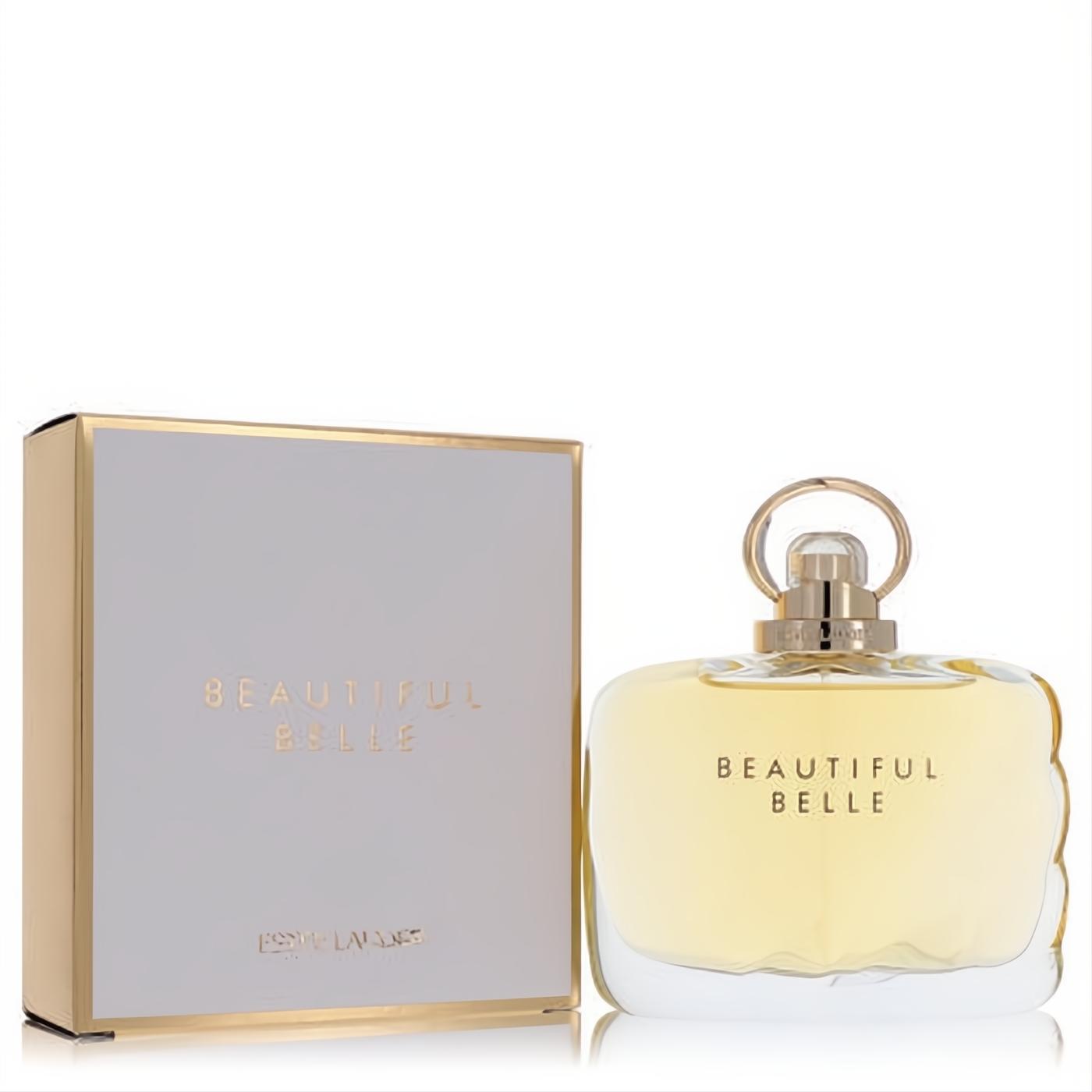 Captivating Estee Lauder Beautiful Belle 3.4 oz EDP. Golden liquid in a clear bottle with a unique gold ring cap, beside its elegant white and gold box.