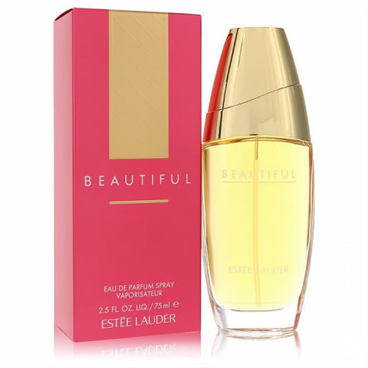 Estee Lauder Beautiful 2.5 oz Eau de Parfum. Clear bottle with golden liquid, sleek gold cap, beside its vibrant pink and gold box.