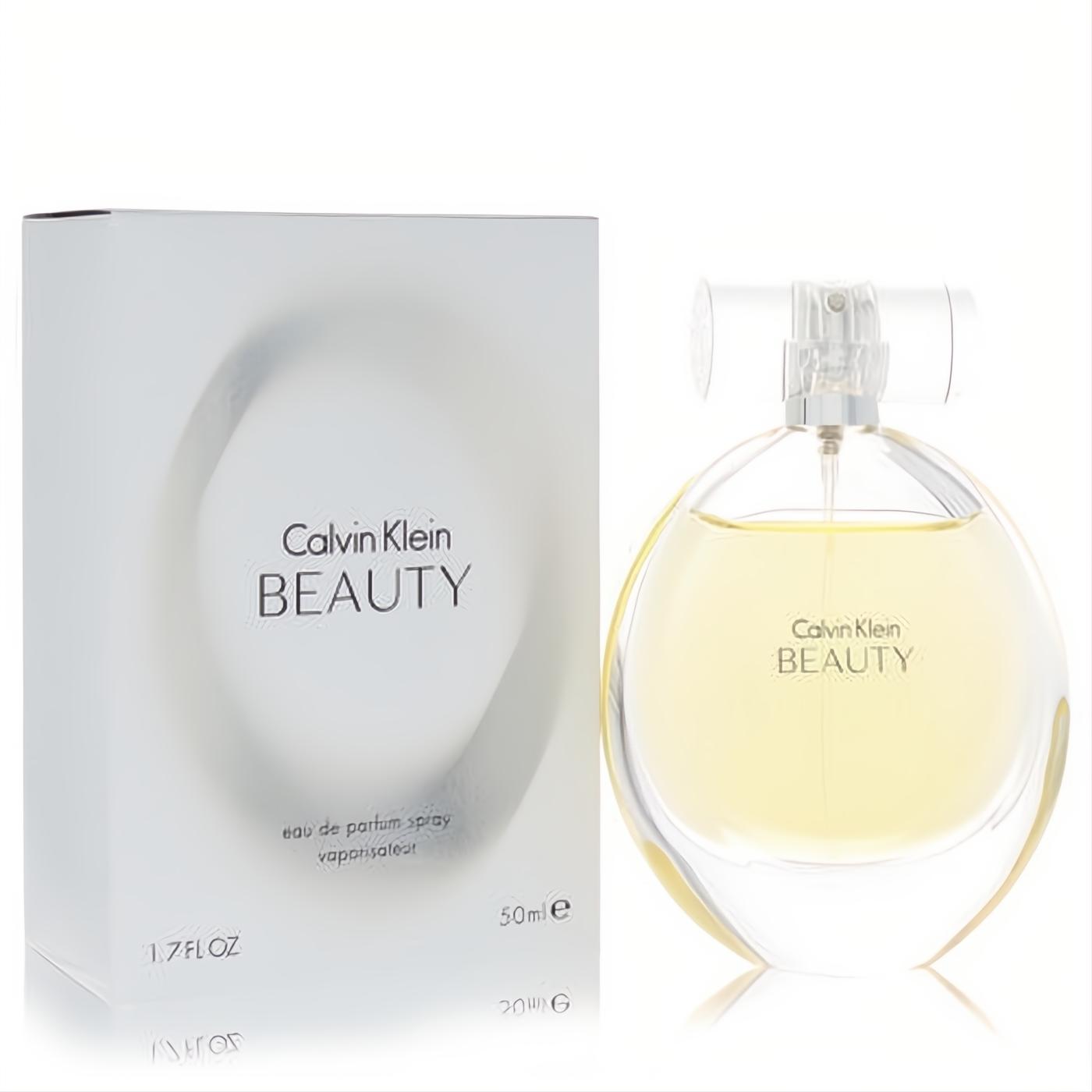 Calvin Klein Beauty 1.7 oz Eau De Parfum spray. Elegant clear glass bottle with amber liquid and its sleek white branded box.