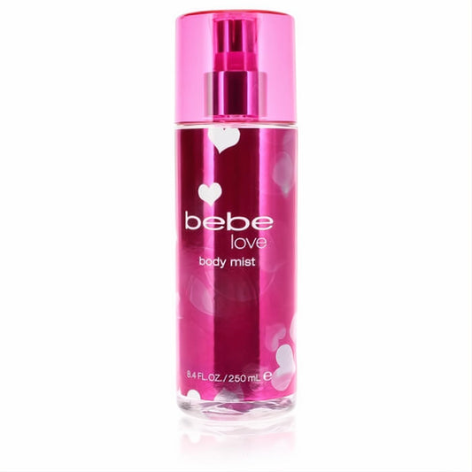 Bebe Love 8.4 oz Body Mist. Elegant fuchsia bottle with romantic white hearts and a chic pink cap.