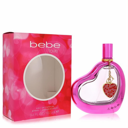 Elegant Bebe Love 3.4 oz women's fragrance in a metallic pink heart bottle with a dazzling red rhinestone charm, displayed with its box.