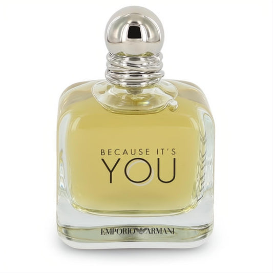Giorgio Armani Because It's You 3.4 oz women's EDP. Clear square bottle with pale yellow fragrance and a sleek silver cap.